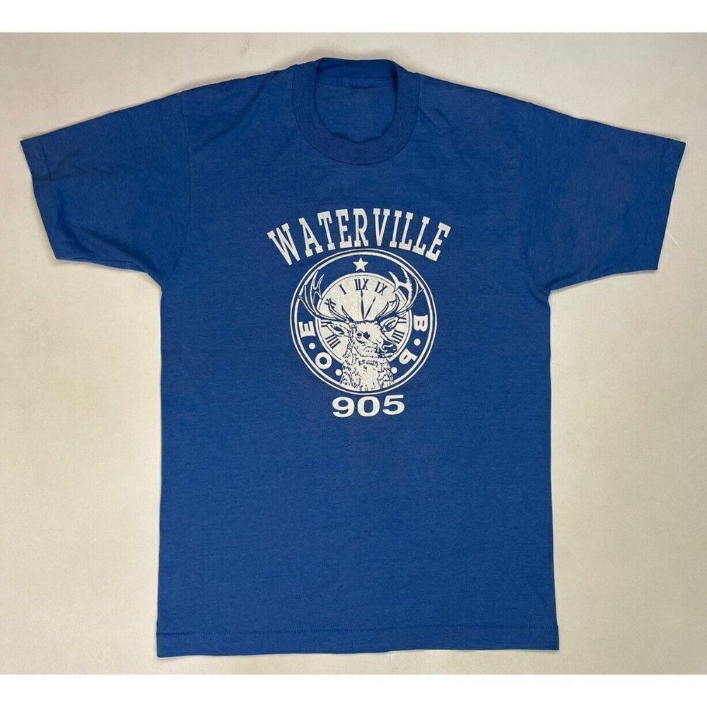 VINTAGE Waterville 905 Graphic T-shirt Men Medium Blue 90s Single Stitch